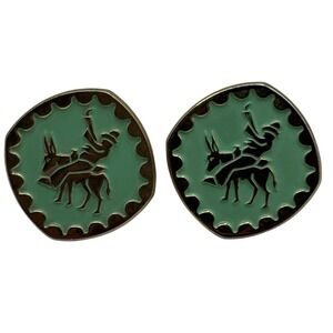 Western Man on Donkey Jackass Bullet Back Cufflinks Teal Green Gold Tone Vintage